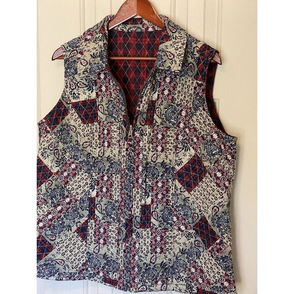 Quilted Reversible Full Zip Blue Red Paisley & Diagonal Plaid Women's Vest L - Picture 6 of 15